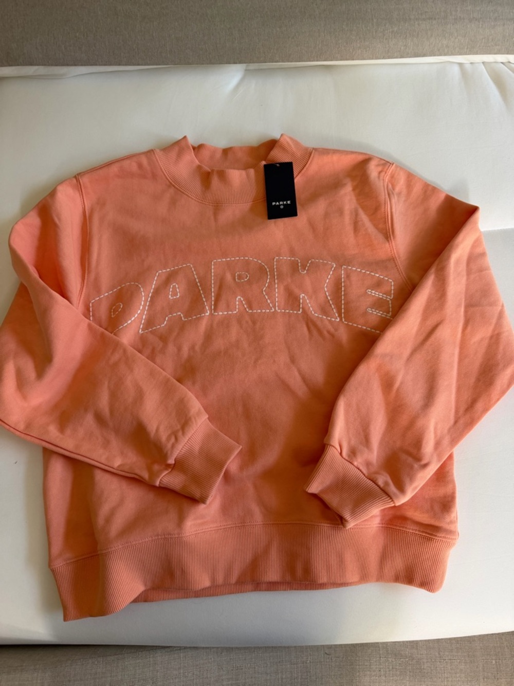 Parke Mock Crewneck Sweatshirt with Embroidered Logo- coral NWT